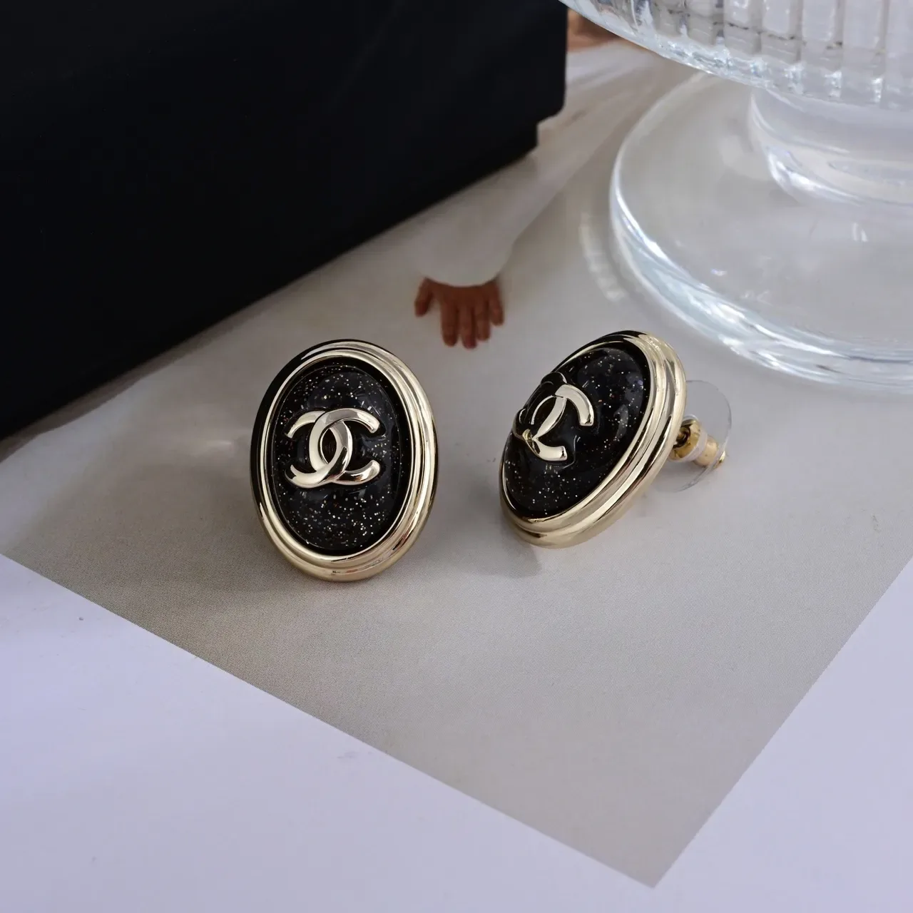 Chanel CC Stud Black Gold Oval Metal Earrings 4