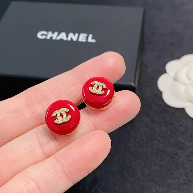 Chanel CC Stud Red Gold Round Enamel Earrings 3