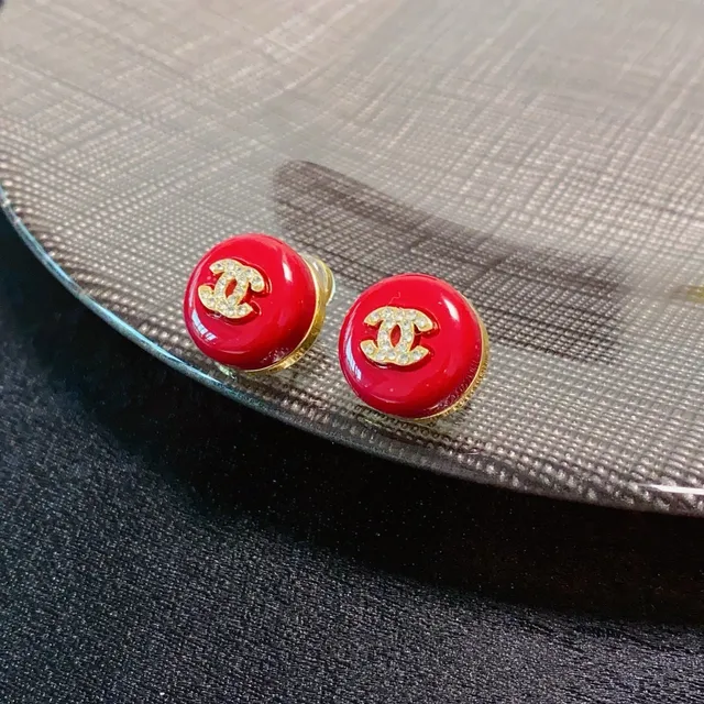 Chanel CC Stud Red Gold Round Enamel Earrings 4