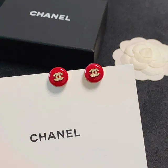 Chanel CC Stud Red Gold Round Enamel Earrings 5