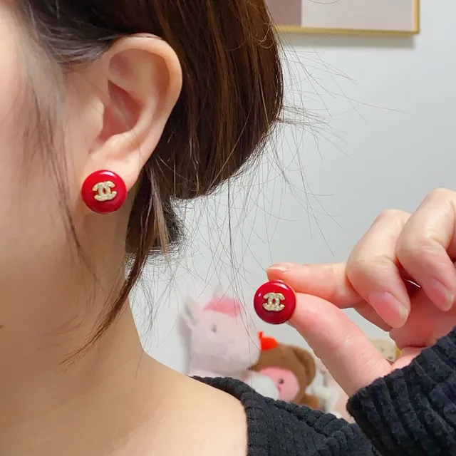 Chanel CC Stud Red Gold Round Enamel Earrings 9