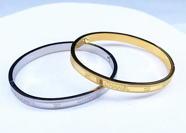 Chanel Classic Bangle Gold and Silver-Tone Engraved Bracelets 8