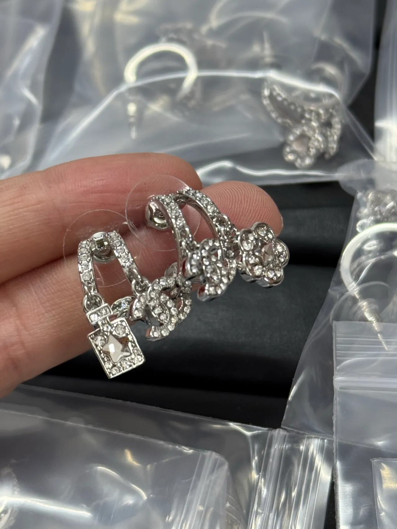 Chanel Classic Silver Transparent Crystal-Encrusted Interlocking CC Logo Earrings 2