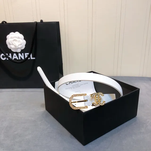 Chanel Crystal CC Belt White Gold Hardware Leather Belt 3