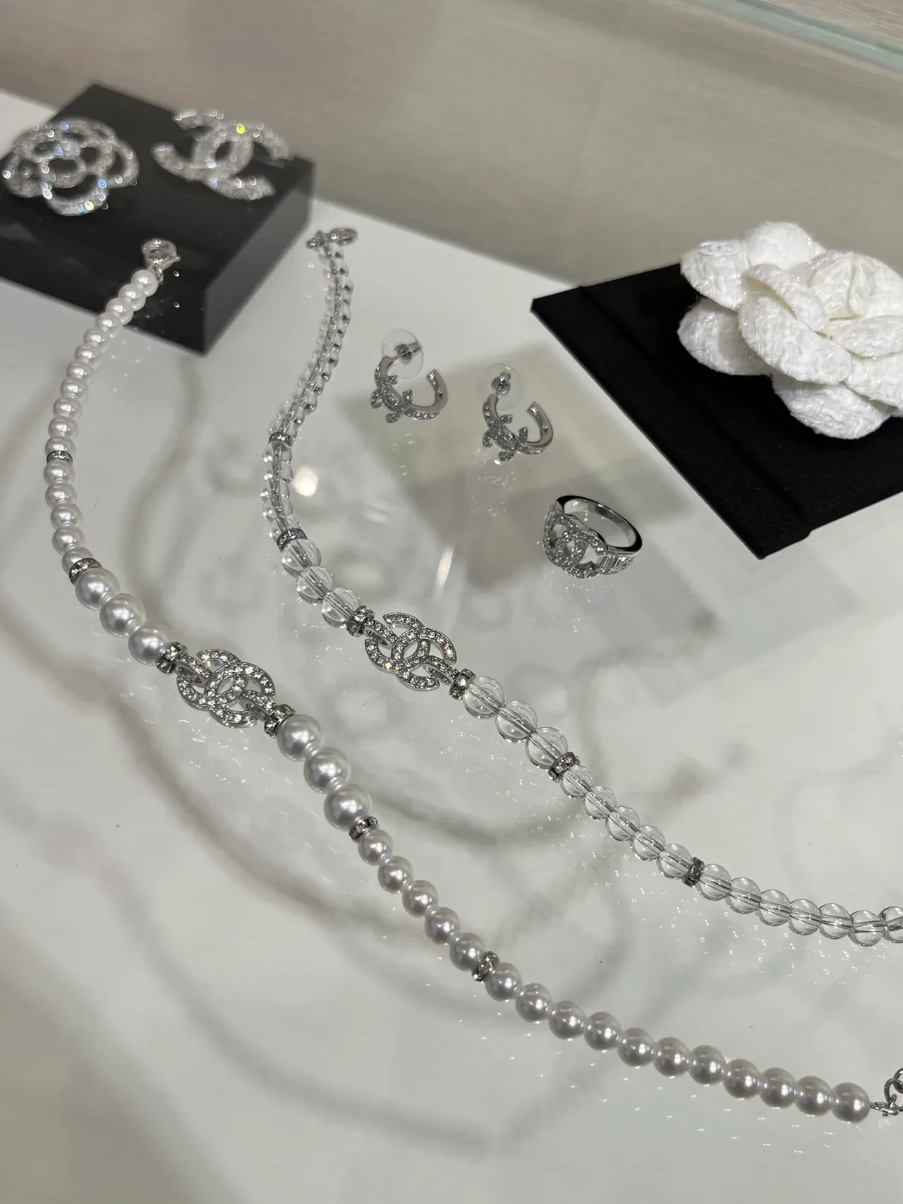 Chanel Crystal CC Necklace Transparent Silver Interlocking Pendant Necklace 4