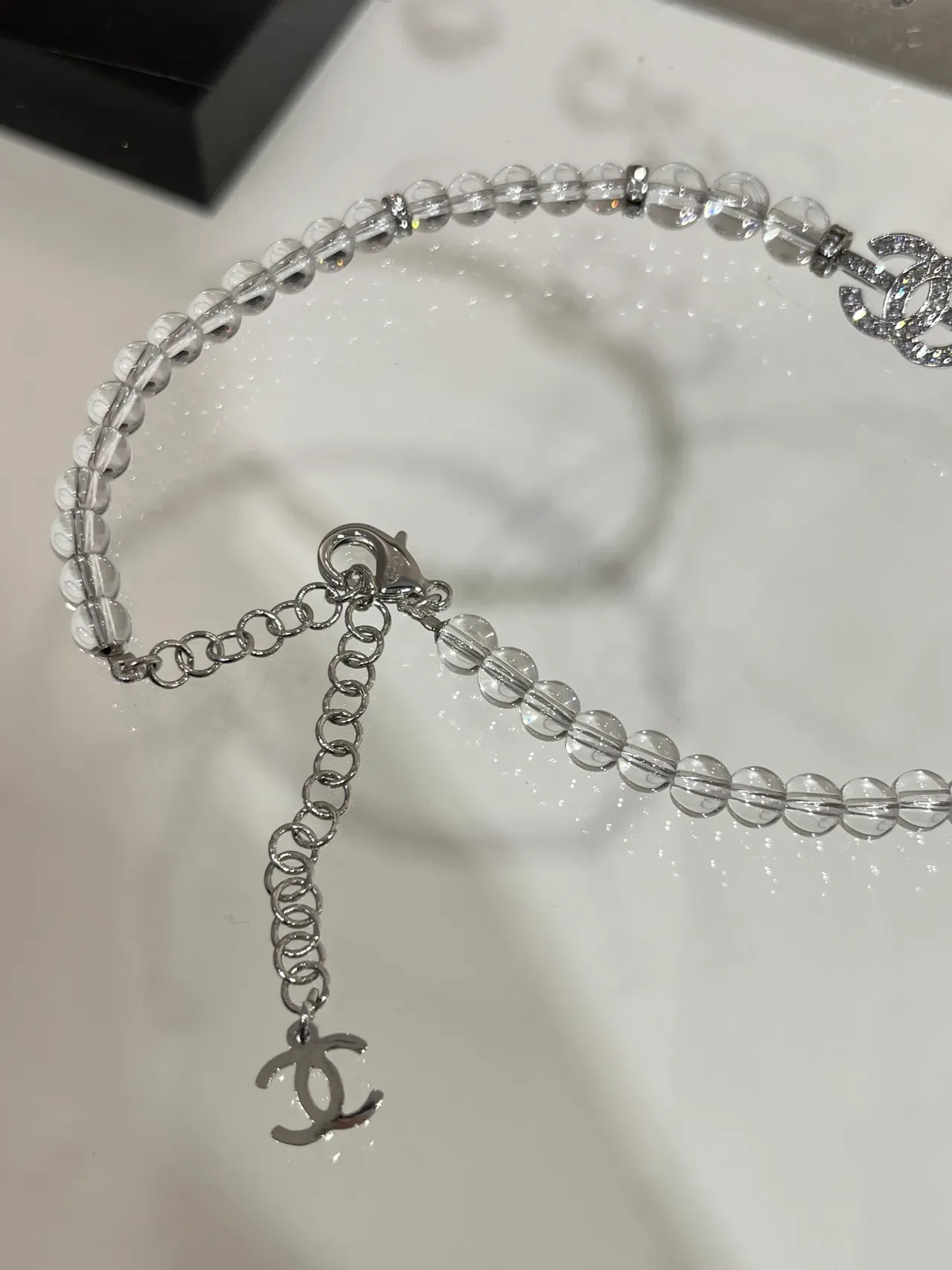 Chanel Crystal CC Necklace Transparent Silver Interlocking Pendant Necklace 5