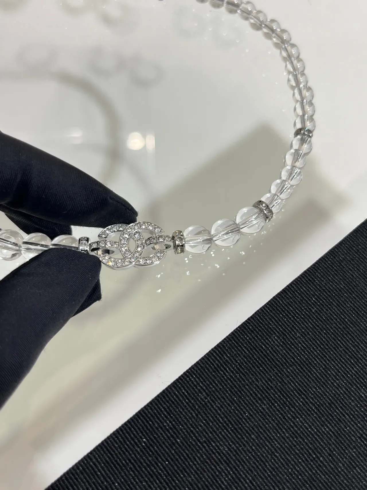 Chanel Crystal CC Necklace Transparent Silver Interlocking Pendant Necklace 6