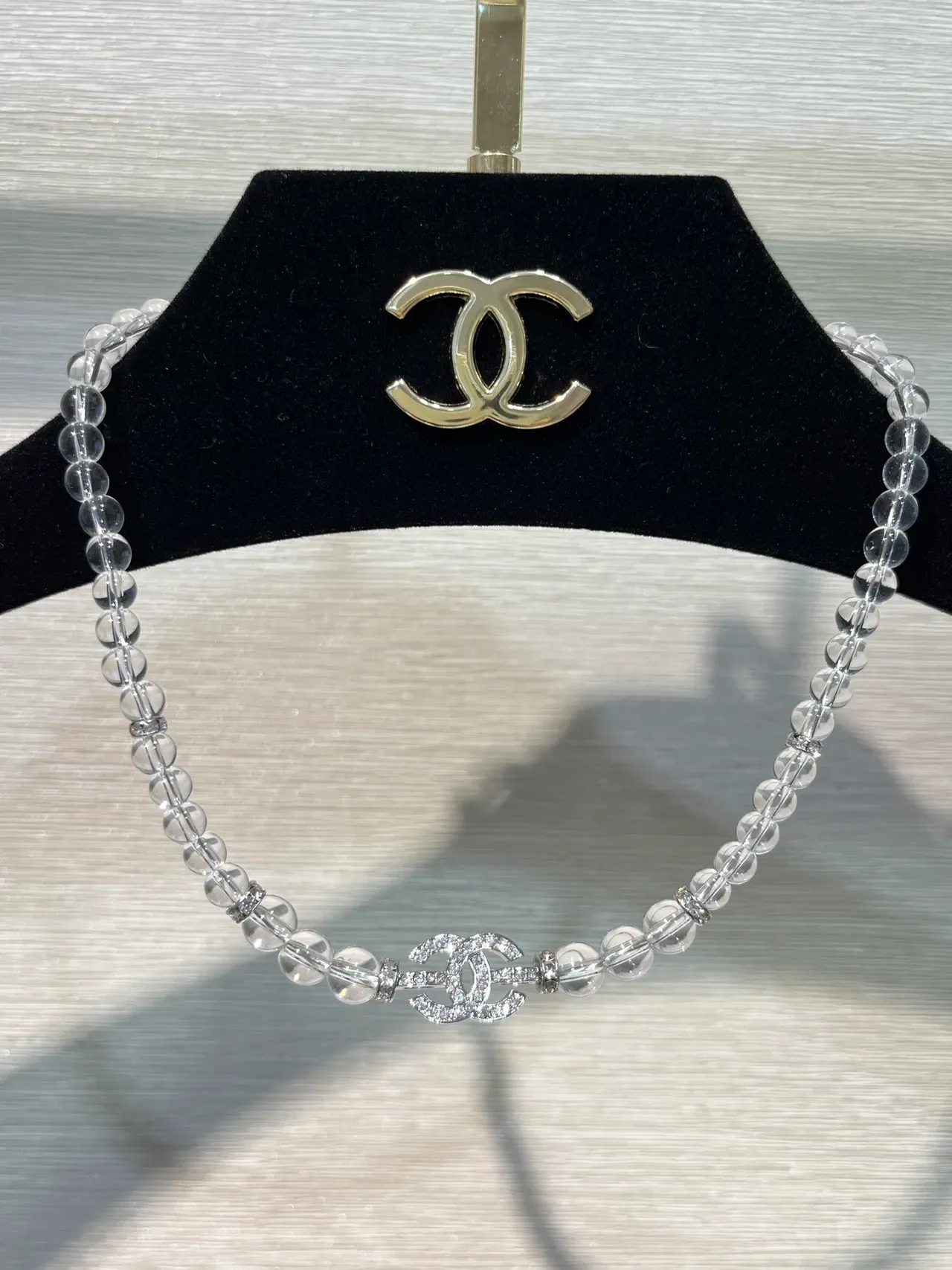 Chanel Crystal CC Necklace Transparent Silver Interlocking Pendant Necklace 8