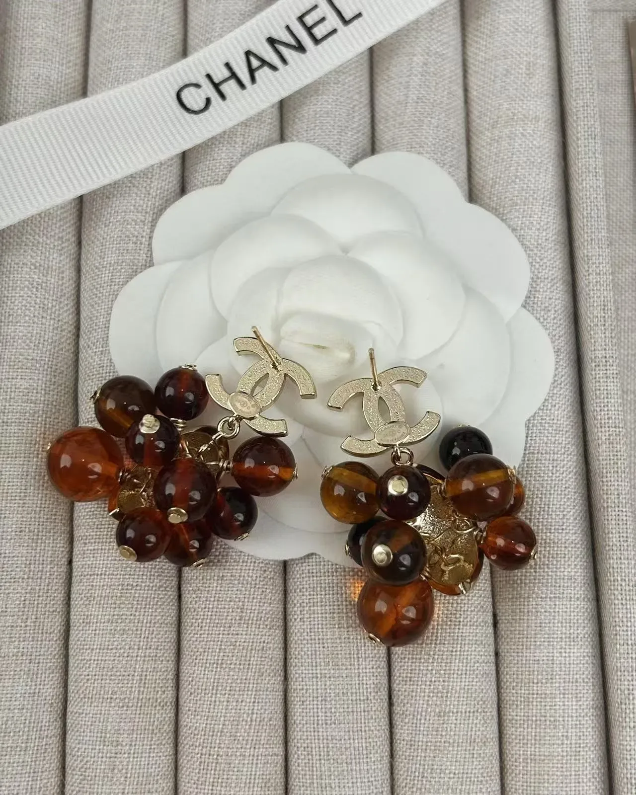 Chanel Crystal-Embellished Amber Bead Shield Earrings 2