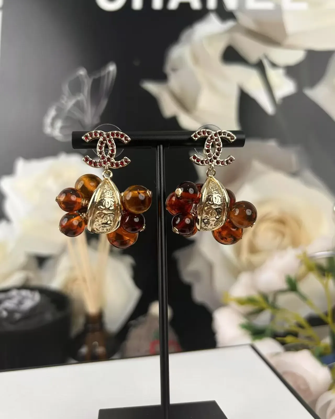 Chanel Crystal-Embellished Amber Bead Shield Earrings 5