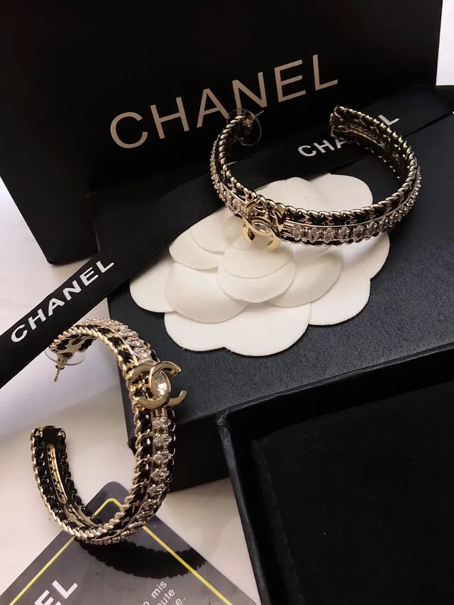 Chanel Crystal-Embellished Black and Gold CC Hoop Earrings 2