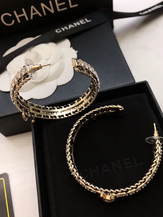 Chanel Crystal-Embellished Black and Gold CC Hoop Earrings 3