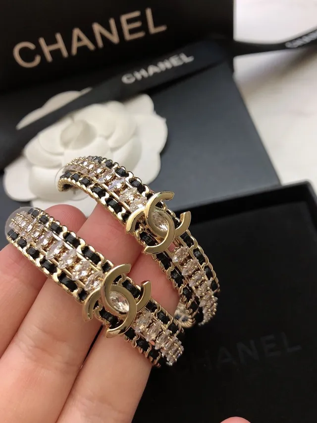 Chanel Crystal-Embellished Black and Gold CC Hoop Earrings 4