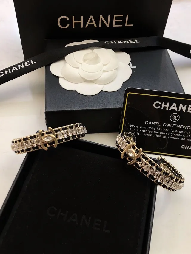 Chanel Crystal-Embellished Black and Gold CC Hoop Earrings 5
