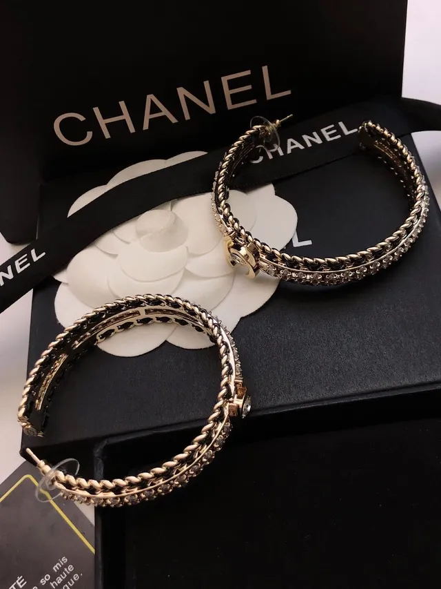 Chanel Crystal-Embellished Black and Gold CC Hoop Earrings 6
