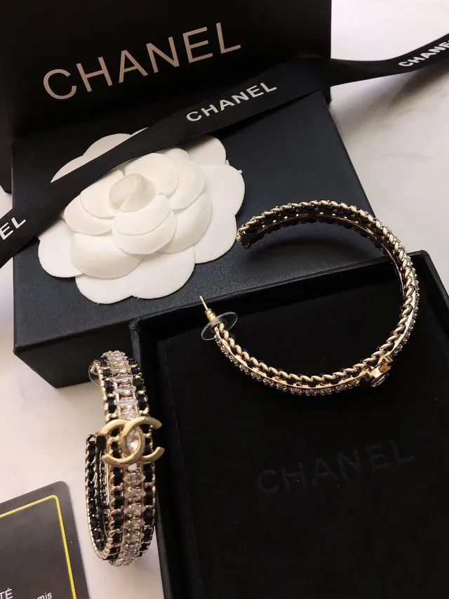 Chanel Crystal-Embellished Black and Gold CC Hoop Earrings 7