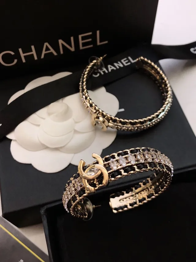 Chanel Crystal-Embellished Black and Gold CC Hoop Earrings 8