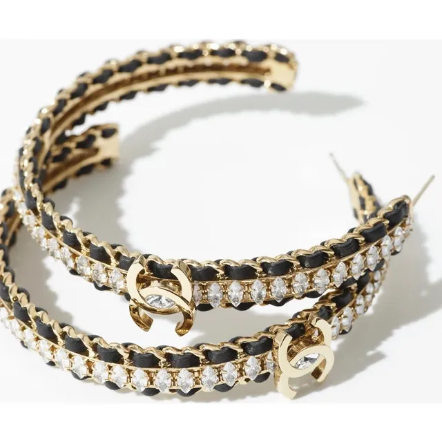Chanel Crystal-Embellished Black and Gold CC Hoop Earrings 9