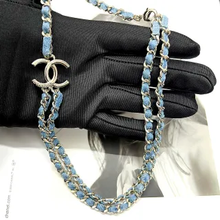 Chanel Double Chain Necklace Light Blue Denim-Wrapped Silver-Tone Necklace