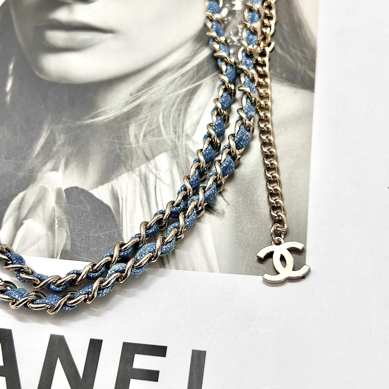 Chanel Double Chain Necklace Light Blue Denim-Wrapped Silver-Tone Necklace 2
