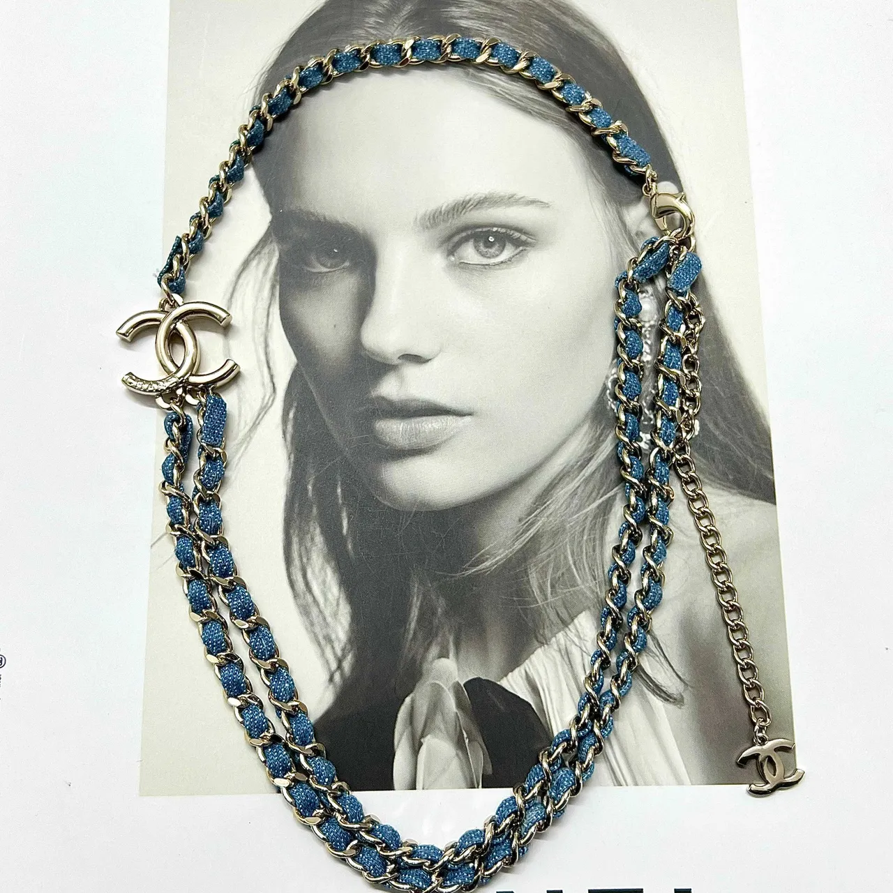 Chanel Double Chain Necklace Light Blue Denim-Wrapped Silver-Tone Necklace 3