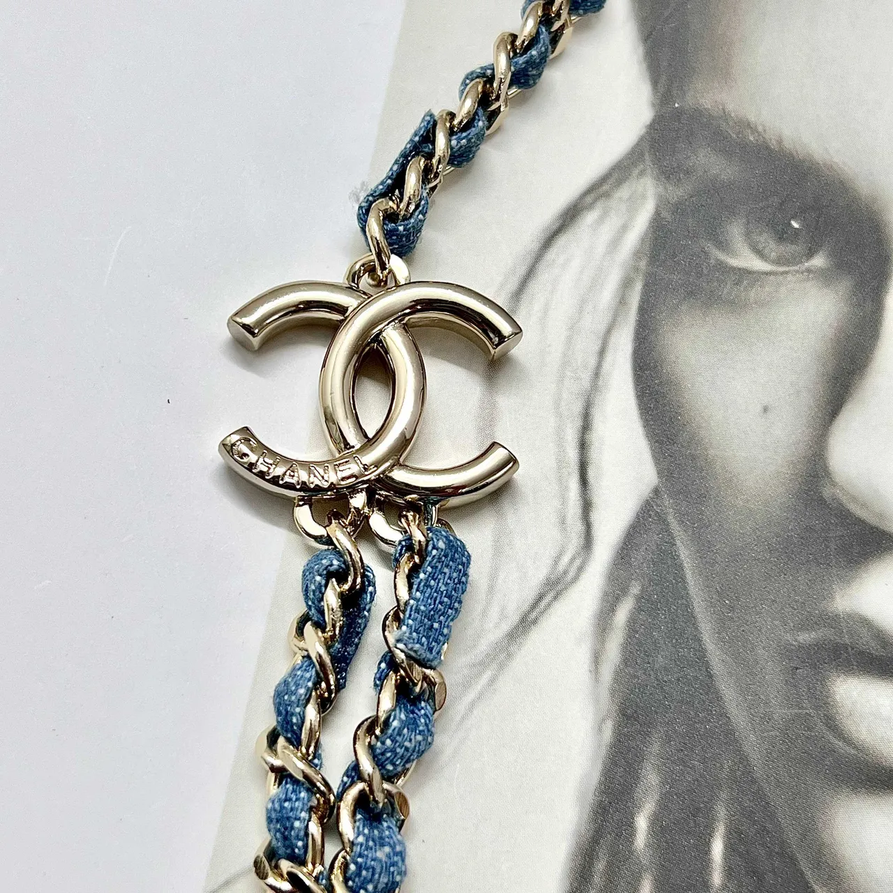Chanel Double Chain Necklace Light Blue Denim-Wrapped Silver-Tone Necklace 4