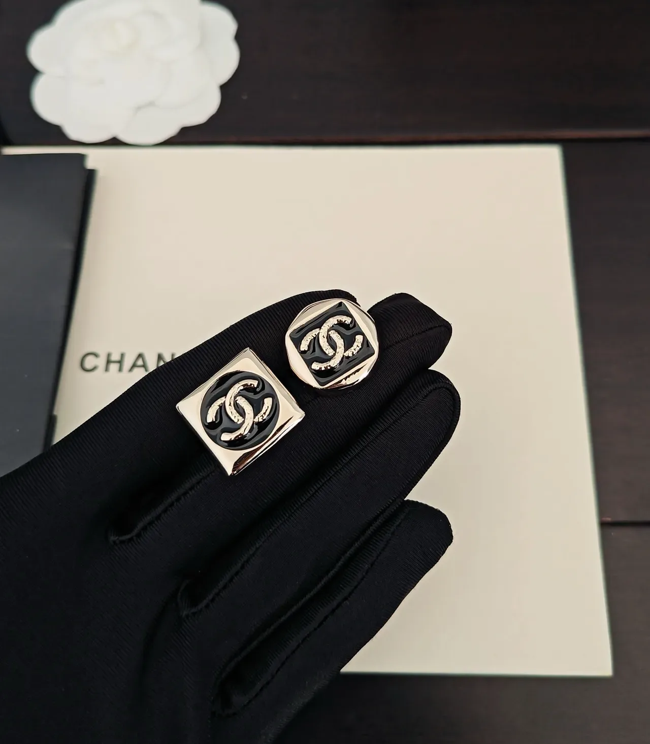 Chanel Enamel CC Logo Square and Rounded-Square Earrings 2