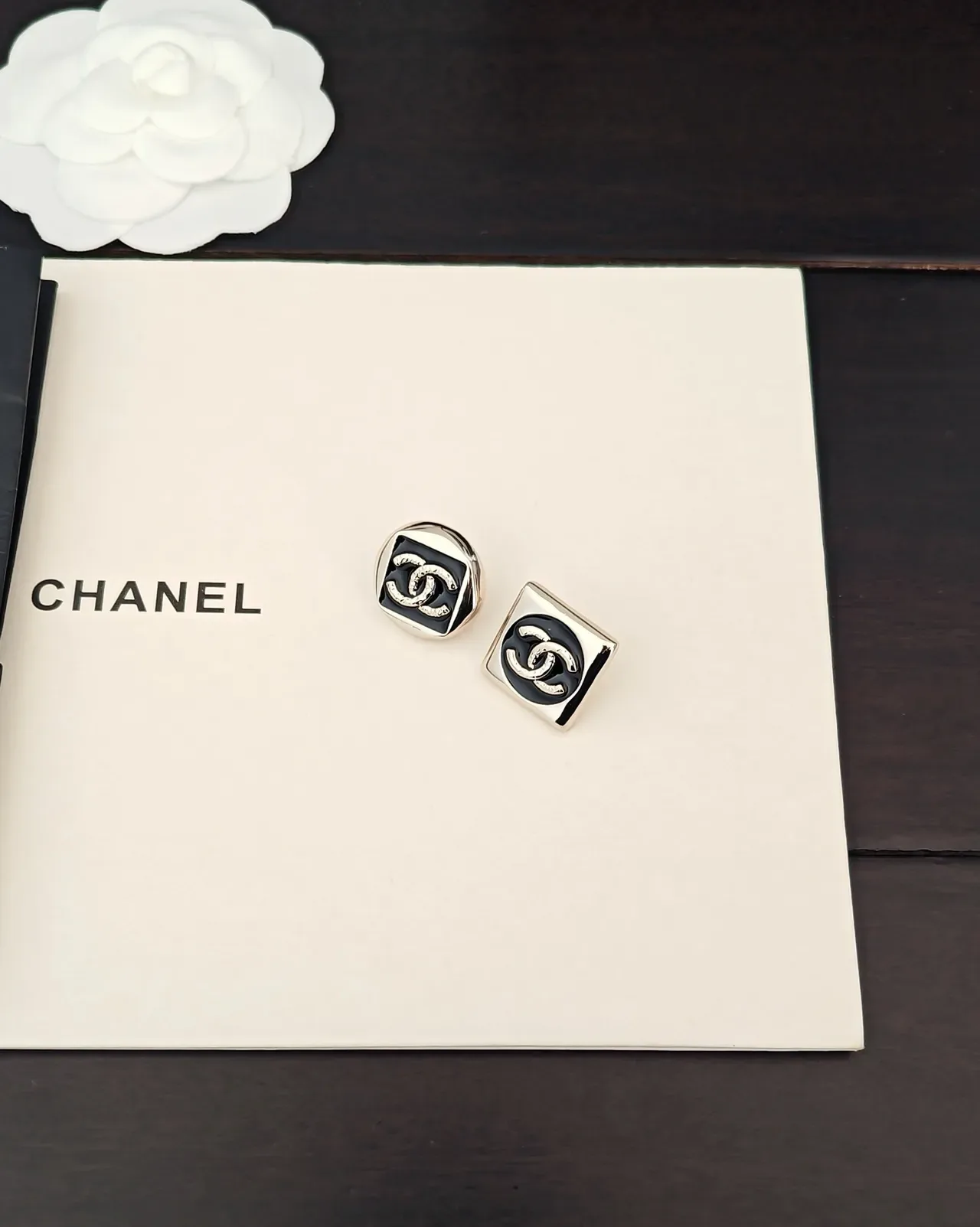 Chanel Enamel CC Logo Square and Rounded-Square Earrings 5