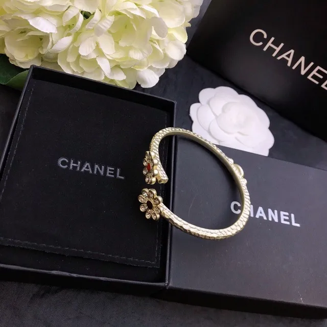 Chanel Floral Motif Gold-Tone Open Bangle Bracelet 5