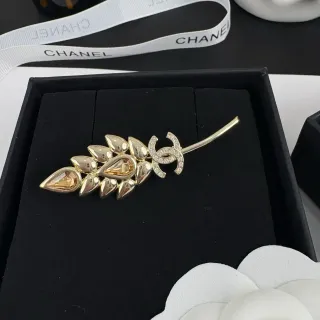 Chanel Gold Beige Leaf-Motif Crystal-Embellished Brooch