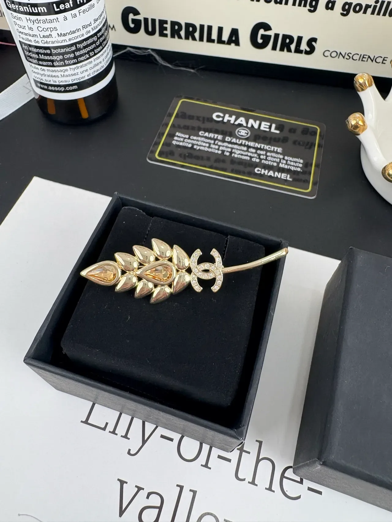 Chanel Gold Beige Leaf-Motif Crystal-Embellished Brooch 3