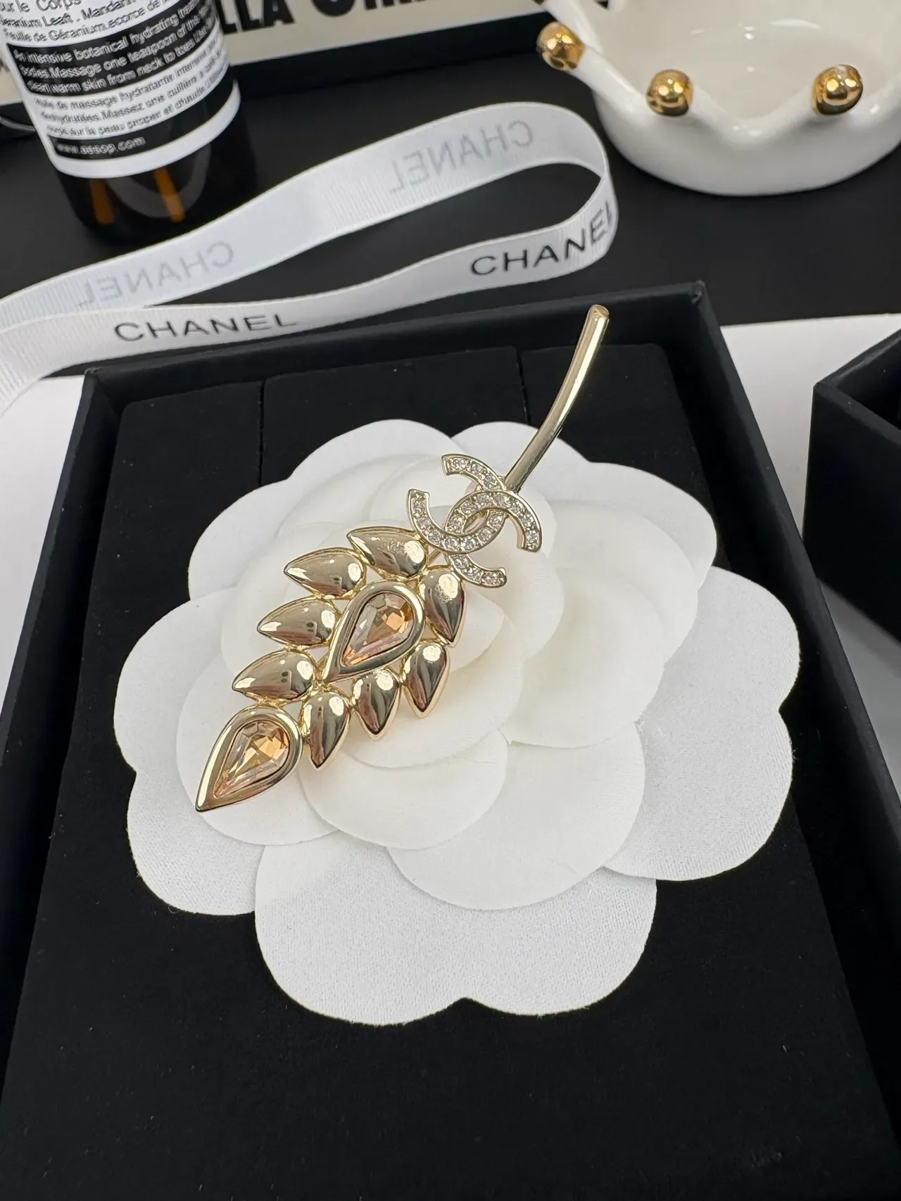 Chanel Gold Beige Leaf-Motif Crystal-Embellished Brooch 6