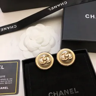 Chanel Gold Beige Round Button Metal Earrings