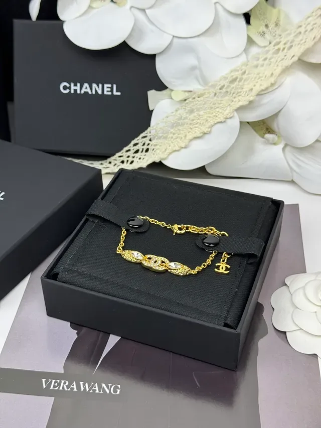 Chanel Gold Black Chain Interlocking CC Logo Bracelet 7