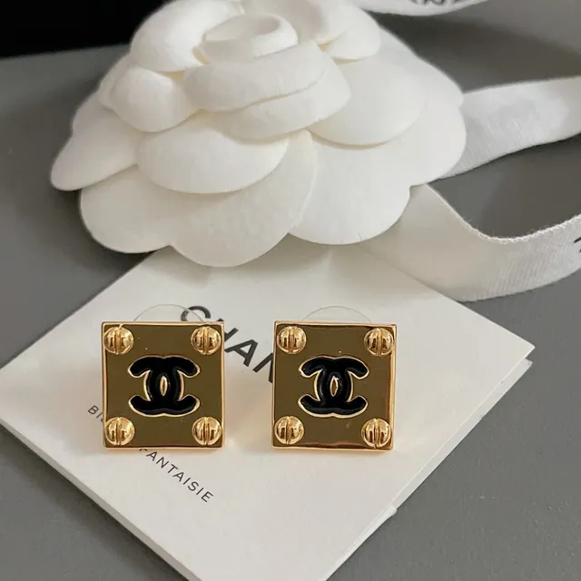 Chanel Gold Black Square Stud Metal Earrings 2