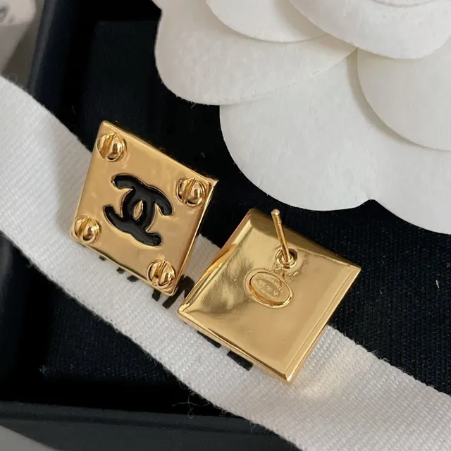 Chanel Gold Black Square Stud Metal Earrings 3