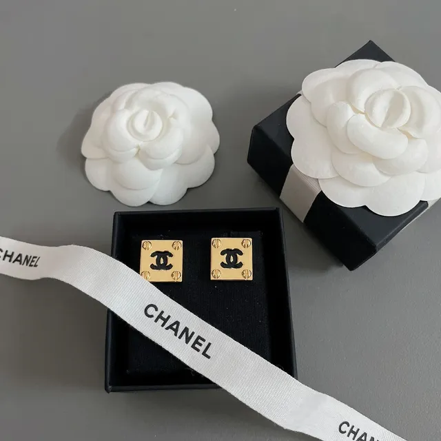 Chanel Gold Black Square Stud Metal Earrings 4