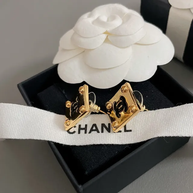 Chanel Gold Black Square Stud Metal Earrings 5