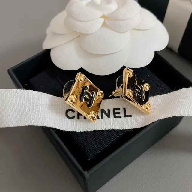 Chanel Gold Black Square Stud Metal Earrings 6