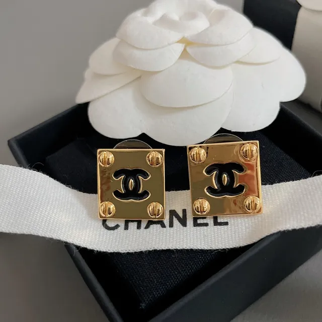 Chanel Gold Black Square Stud Metal Earrings 7