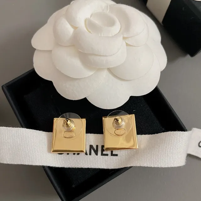 Chanel Gold Black Square Stud Metal Earrings 8