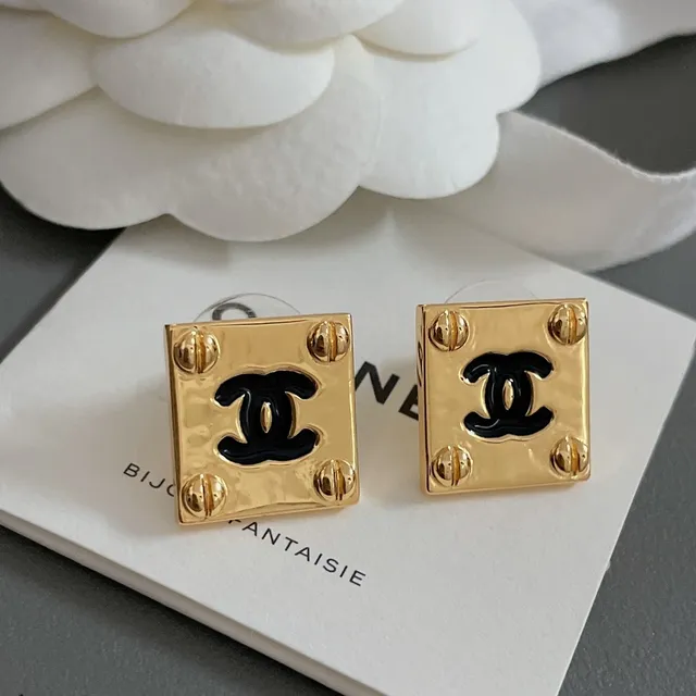 Chanel Gold Black Square Stud Metal Earrings 9