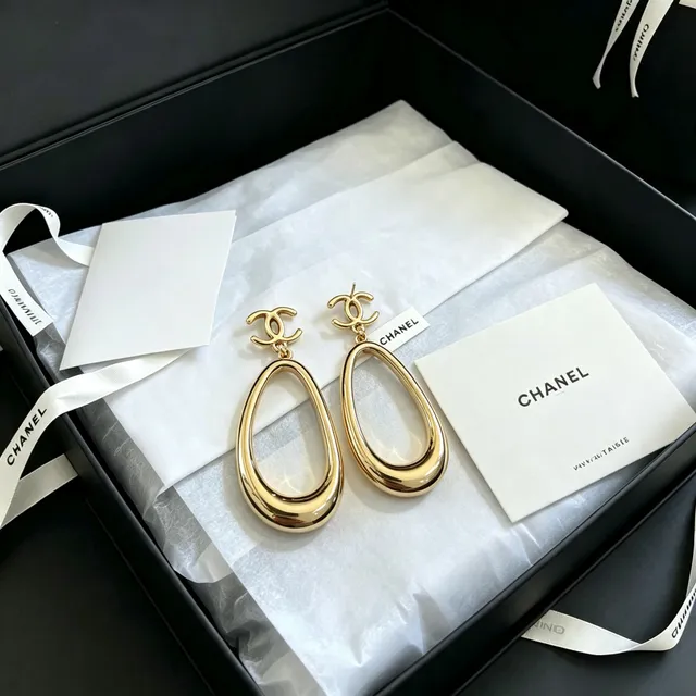Chanel Gold-Tone CC Logo Teardrop Hoop Earrings 3