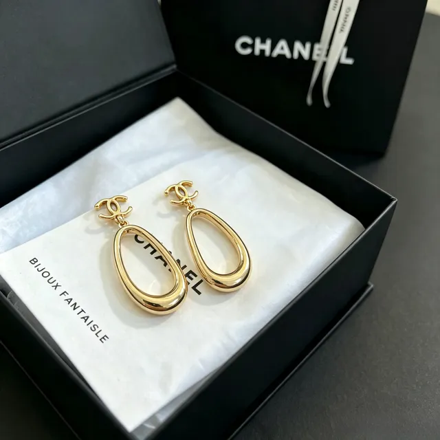 Chanel Gold-Tone CC Logo Teardrop Hoop Earrings 6