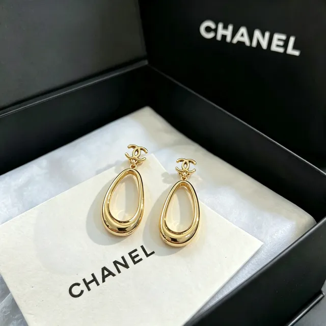 Chanel Gold-Tone CC Logo Teardrop Hoop Earrings 7
