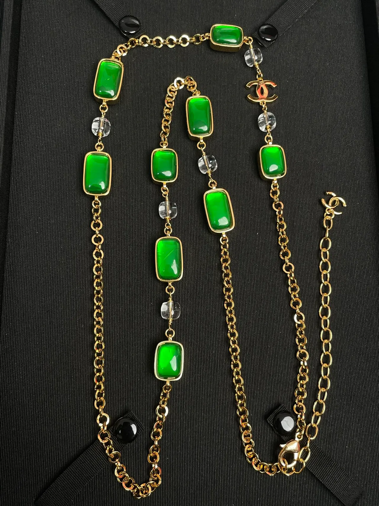 Chanel Green Gold Curb Chain Rectangular Resin Plaques Necklace 2