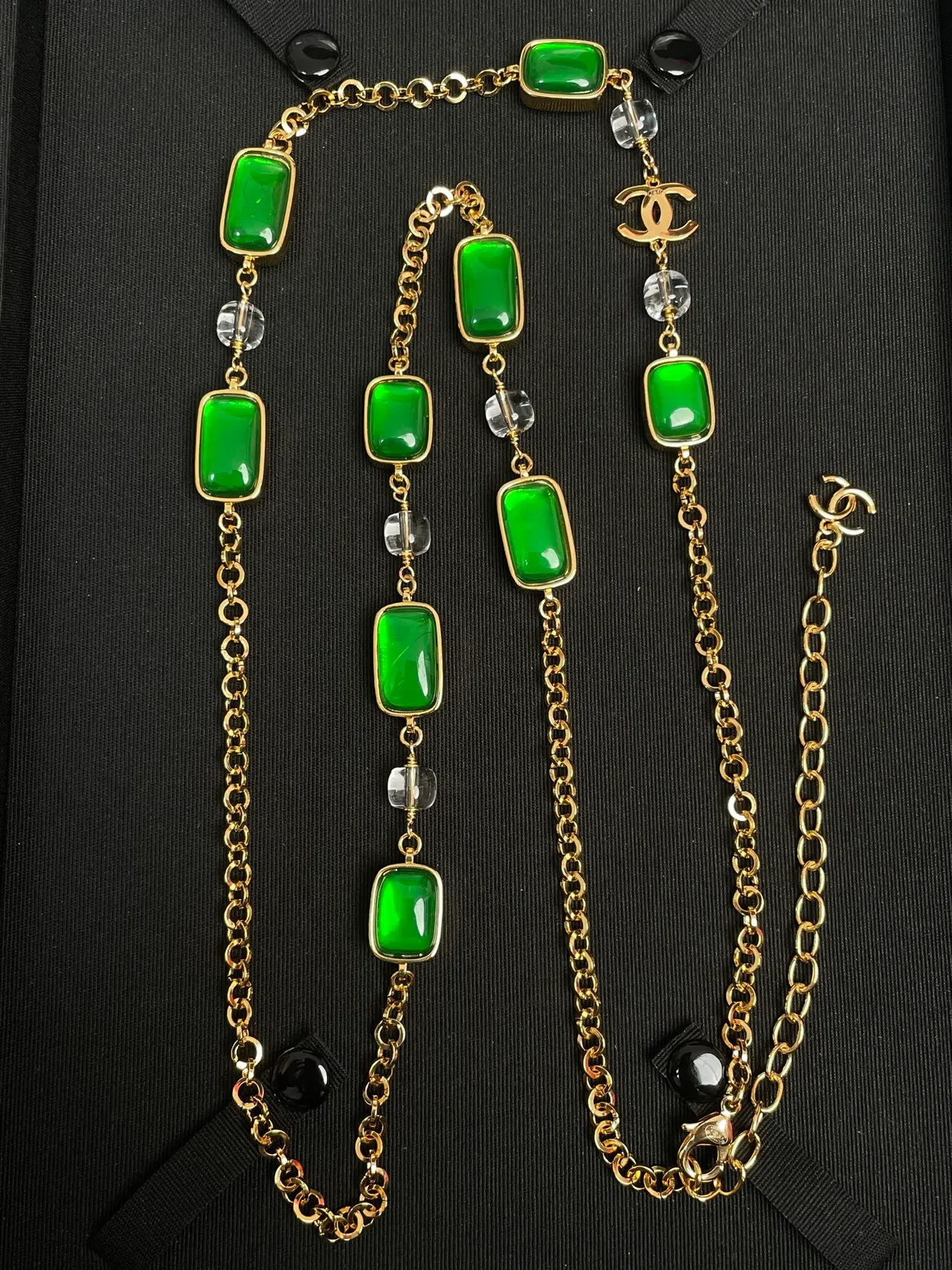 Chanel Green Gold Curb Chain Rectangular Resin Plaques Necklace 3