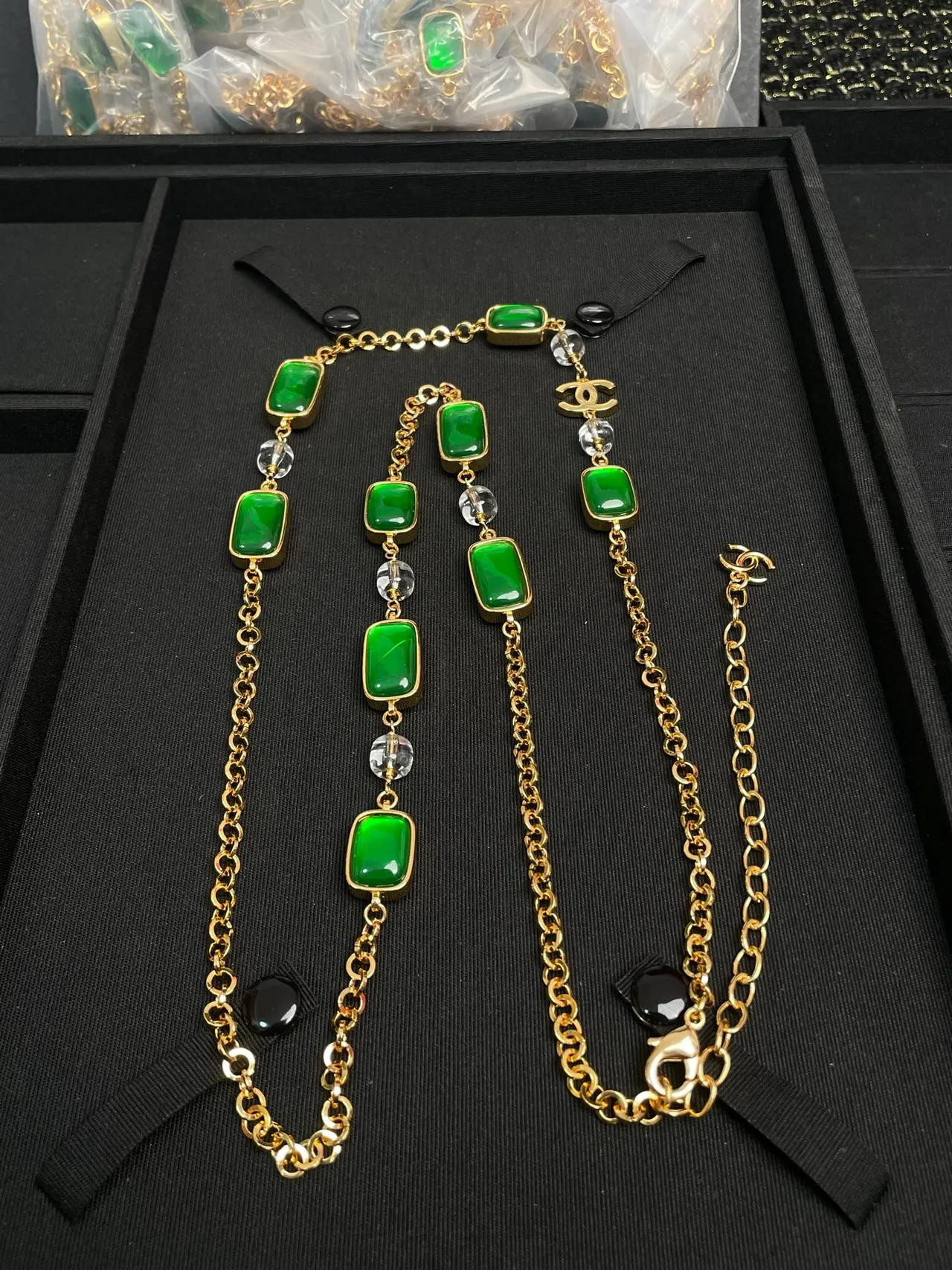 Chanel Green Gold Curb Chain Rectangular Resin Plaques Necklace 5