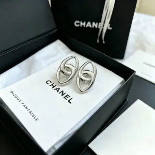 Chanel Interlocking Oval Silver-Tone Stud Earrings