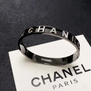 Chanel Logo Bangle Black High-Gloss Metal Bracelet